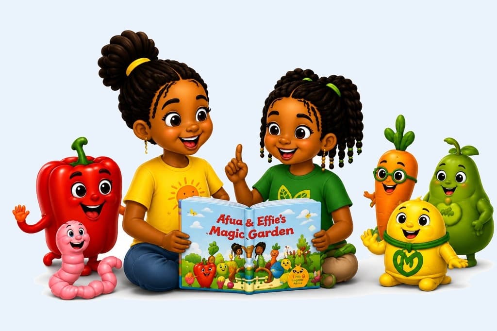 Afua and Effie high-fiving over Afua & Effie's Magic Garden with vegetable characters