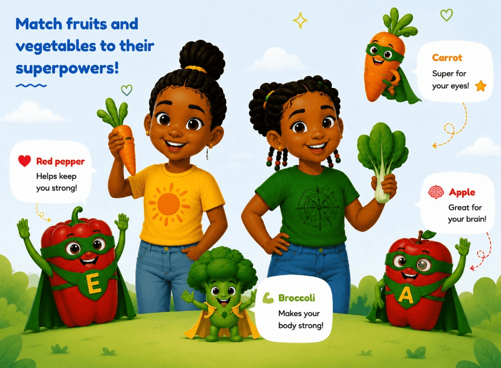 Match fruits and vegetables to their superpowers — Afua and Effie with fruit and vegetable superheroes and health facts