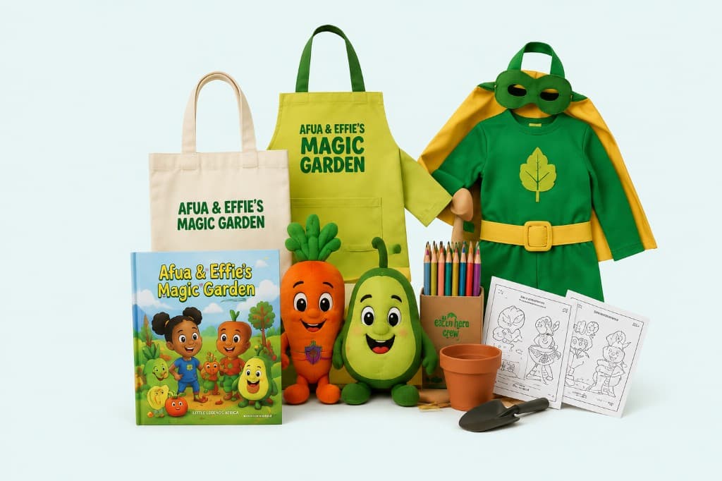 Afua & Effie's Magic Garden merchandise, plushies, character costumes, apron, tote bag, and activity kit