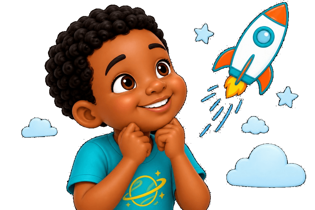 A young boy looking up at a cartoon rocket ship among clouds and stars.