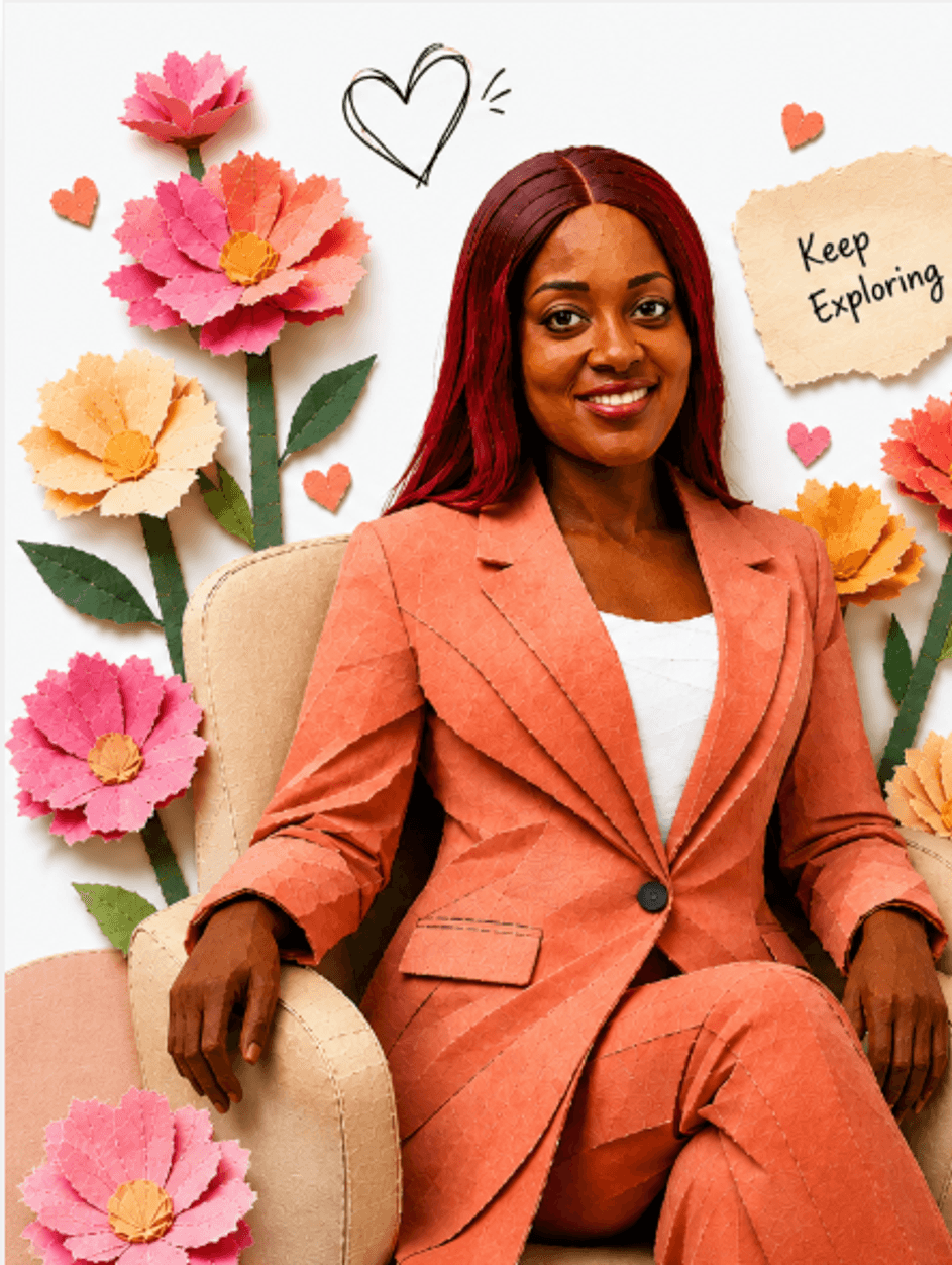 Michelle Larley Ayirebi seated in an armchair, surrounded by paper-craft flowers, with a note that reads Keep Exploring.