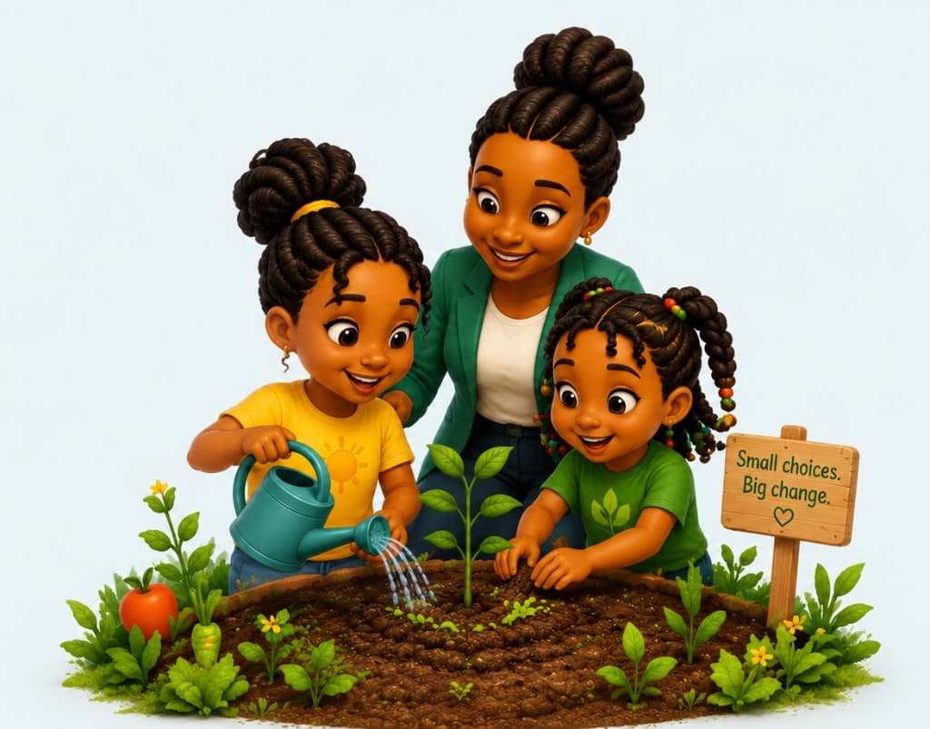 A woman and two girls planting together in a garden, with a wooden sign that reads Small choices. Big change.