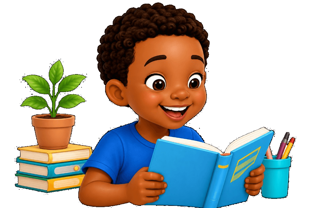 A young boy in a blue shirt reading an open book beside a stack of books, a potted plant, and a cup of pencils.