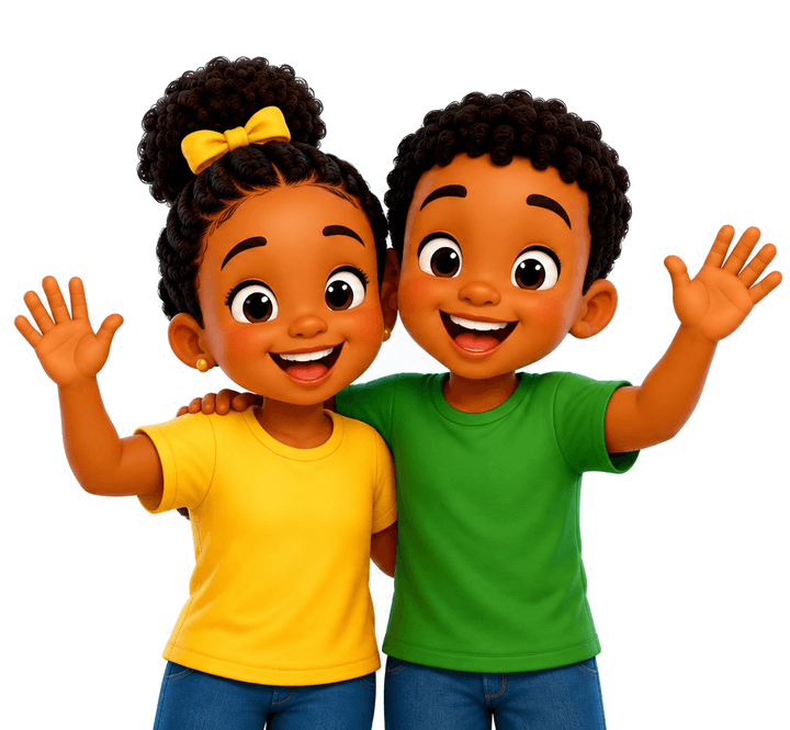 Two children in yellow and green shirts waving together
