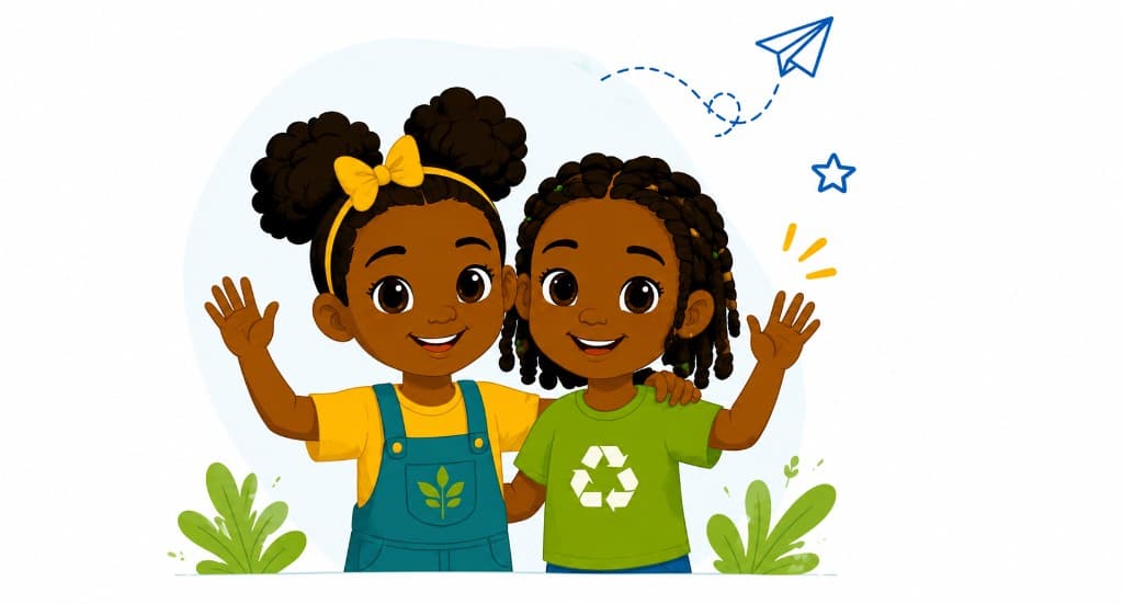 Two girls waving and smiling, one in yellow overalls with a leaf pocket and one in a green recycling shirt.