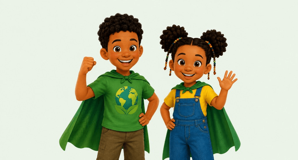 Afua and Effie wearing green Earth Hero capes