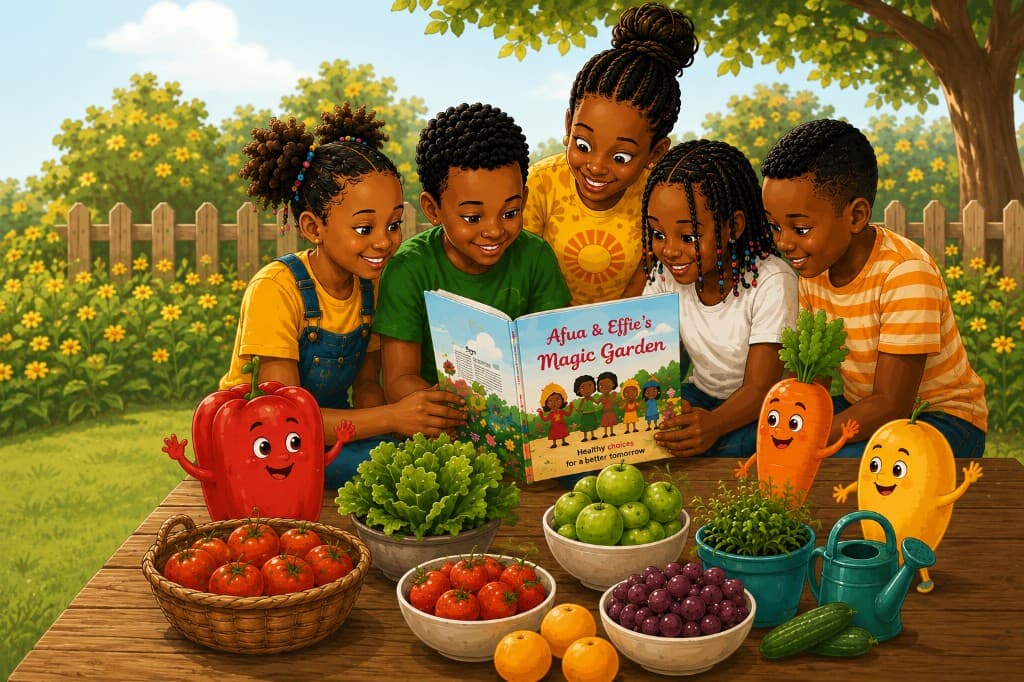 Children reading Afua & Effie's Magic Garden at a garden table of fresh fruit and friendly vegetable characters