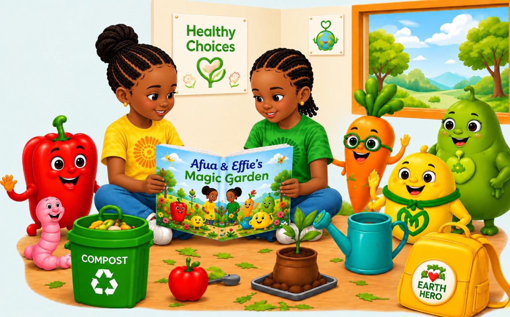 Afua and Effie reading Afua & Effie's Magic Garden in a classroom with fruit and vegetable characters, compost bin, and Earth Hero backpack