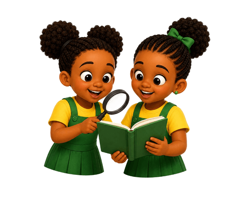 Two children exploring with a magnifying glass and book