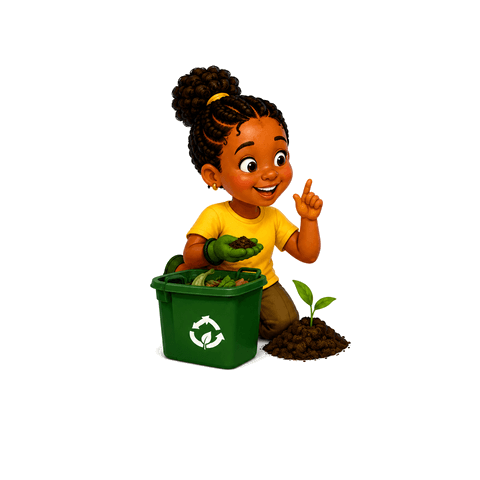 A child planting with a compost bin