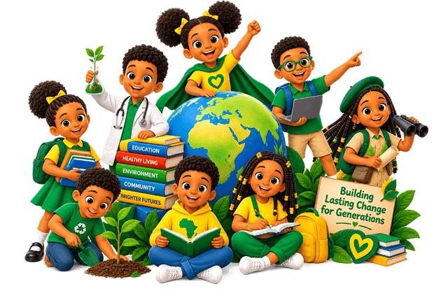 Children representing education, health, environment, and community